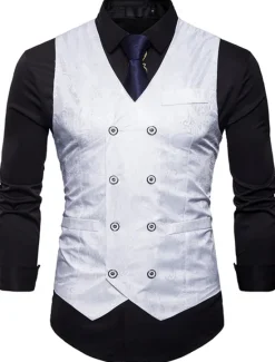New OUKU Men's Vest Waistcoat Formal Wedding Party Stage Smart Casual Polyester Geometric V Neck Regular Fit Black White Yellow Blue Vest