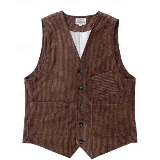 Sale OUKU Men's Vest Waistcoat Gilet Vacation Party Business Fashion Casual Spring Fall Buttons Pocket Polyester Corduroy Comfortable Solid Color Single Breasted One-button V Neck Regular Fit Dark Brown Black