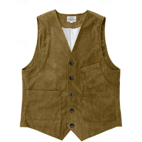 Sale OUKU Men's Vest Waistcoat Gilet Vacation Party Business Fashion Casual Spring Fall Buttons Pocket Polyester Corduroy Comfortable Solid Color Single Breasted One-button V Neck Regular Fit Dark Brown Black