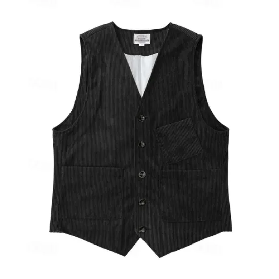 Sale OUKU Men's Vest Waistcoat Gilet Vacation Party Business Fashion Casual Spring Fall Buttons Pocket Polyester Corduroy Comfortable Solid Color Single Breasted One-button V Neck Regular Fit Dark Brown Black
