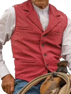 Online OUKU Men's Vest Waistcoat Gilet Vacation Daily Wedding Party Date Fashion Casual Spring Fall Buttons Pocket Polyester Comfortable Plain Single Breasted One-button Lapel Regular Fit Silver Black Red