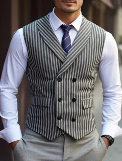 New OUKU Men's Vest Waistcoat Gilet Vacation Party Business Fashion Casual Summer Spring Buttons Pocket Polyester Comfortable Plaid Stripes Single Breasted One-button Lapel Regular Fit Black Brown Light Grey