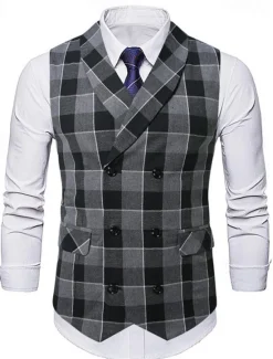 New OUKU Men's Vest Waistcoat Gilet Vacation Party Business Fashion Casual Summer Spring Buttons Pocket Polyester Comfortable Plaid Stripes Single Breasted One-button Lapel Regular Fit Black Brown Light Grey