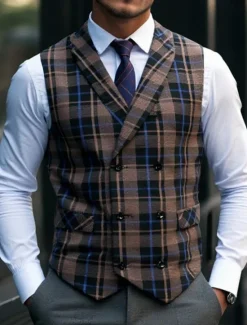 New OUKU Men's Vest Waistcoat Gilet Vacation Party Business Fashion Casual Summer Spring Buttons Pocket Polyester Comfortable Plaid Stripes Single Breasted One-button Lapel Regular Fit Black Brown Light Grey