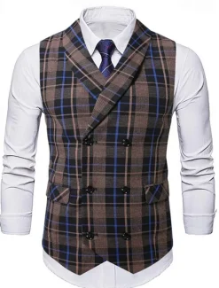 New OUKU Men's Vest Waistcoat Gilet Vacation Party Business Fashion Casual Summer Spring Buttons Pocket Polyester Comfortable Plaid Stripes Single Breasted One-button Lapel Regular Fit Black Brown Light Grey