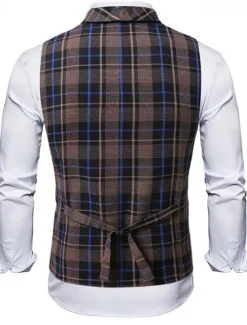 New OUKU Men's Vest Waistcoat Gilet Vacation Party Business Fashion Casual Summer Spring Buttons Pocket Polyester Comfortable Plaid Stripes Single Breasted One-button Lapel Regular Fit Black Brown Light Grey