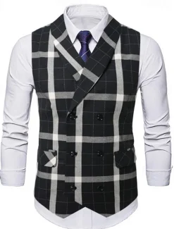 New OUKU Men's Vest Waistcoat Gilet Vacation Party Business Fashion Casual Summer Spring Buttons Pocket Polyester Comfortable Plaid Stripes Single Breasted One-button Lapel Regular Fit Black Brown Light Grey