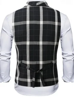 New OUKU Men's Vest Waistcoat Gilet Vacation Party Business Fashion Casual Summer Spring Buttons Pocket Polyester Comfortable Plaid Stripes Single Breasted One-button Lapel Regular Fit Black Brown Light Grey