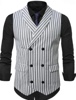 New OUKU Men's Vest Waistcoat Gilet Vacation Party Business Fashion Casual Summer Spring Buttons Pocket Polyester Comfortable Plaid Stripes Single Breasted One-button Lapel Regular Fit Black Brown Light Grey
