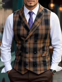 New OUKU Men's Vest Waistcoat Gilet Vacation Party Business Fashion Casual Summer Spring Buttons Pocket Polyester Comfortable Plaid Stripes Single Breasted One-button Lapel Regular Fit Black Brown Light Grey