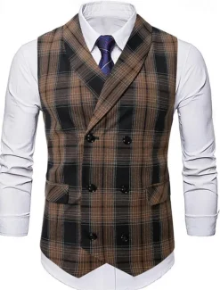 New OUKU Men's Vest Waistcoat Gilet Vacation Party Business Fashion Casual Summer Spring Buttons Pocket Polyester Comfortable Plaid Stripes Single Breasted One-button Lapel Regular Fit Black Brown Light Grey