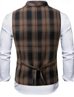 New OUKU Men's Vest Waistcoat Gilet Vacation Party Business Fashion Casual Summer Spring Buttons Pocket Polyester Comfortable Plaid Stripes Single Breasted One-button Lapel Regular Fit Black Brown Light Grey