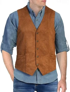 OUKU Men's Vest Waistcoat Gilet Vacation Daily Wedding Party Date Fashion Casual Spring Fall Buttons Pocket Nylon Comfortable Plain Single Breasted One-button V Neck Regular Fit Black Light Brown Coffee