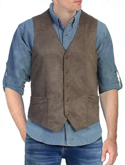OUKU Men's Vest Waistcoat Gilet Vacation Daily Wedding Party Date Fashion Casual Spring Fall Buttons Pocket Nylon Comfortable Plain Single Breasted One-button V Neck Regular Fit Black Light Brown Coffee