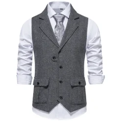 OUKU Men's Vest Waistcoat Gilet Formal Wedding Work Business Business Casual Spring Fall Pocket Polyester Warm Quick Dry Plaid / Check Double Breasted Turndown Regular Fit Blue Green Khaki Gray Vest