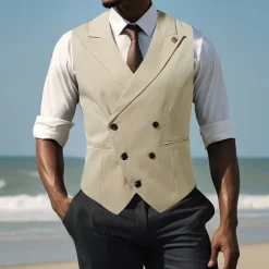 Clearance OUKU Men's Vest Waistcoat Gilet Vacation Party Business Fashion Casual Summer Spring Buttons Pocket Polyester Comfortable Plain Double Breasted Lapel Regular Fit Black Beige Coffee Vest