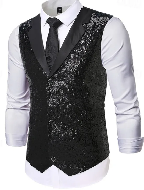 Best OUKU Men's Vest Waistcoat Gilet Vacation Party Business Party Spring & Fall Buttons Pocket Sequin Polyester Comfortable Plain Single Breasted Lapel Regular Fit Silver Black Gold Vest