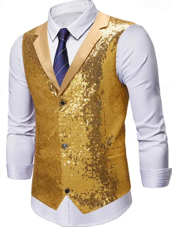 Best OUKU Men's Vest Waistcoat Gilet Vacation Party Business Party Spring & Fall Buttons Pocket Sequin Polyester Comfortable Plain Single Breasted Lapel Regular Fit Silver Black Gold Vest