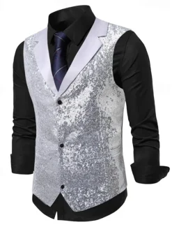 Best OUKU Men's Vest Waistcoat Gilet Vacation Party Business Party Spring & Fall Buttons Pocket Sequin Polyester Comfortable Plain Single Breasted Lapel Regular Fit Silver Black Gold Vest