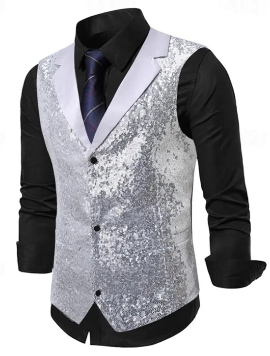 Best OUKU Men's Vest Waistcoat Gilet Vacation Party Business Party Spring & Fall Buttons Pocket Sequin Polyester Comfortable Plain Single Breasted Lapel Regular Fit Silver Black Gold Vest