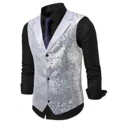 New OUKU Men's Vest Waistcoat Gilet Performance Vacation Stage Fashion Casual Summer Spring Sequins Buttons Pocket Polyester Comfortable Plain Single Breasted One-button Lapel Regular Fit Silver Black Vest