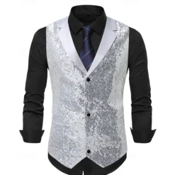 New OUKU Men's Vest Waistcoat Gilet Performance Vacation Stage Fashion Casual Summer Spring Sequins Buttons Pocket Polyester Comfortable Plain Single Breasted One-button Lapel Regular Fit Silver Black Vest