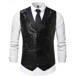 New OUKU Men's Vest Waistcoat Gilet Performance Vacation Stage Fashion Casual Summer Spring Sequins Buttons Pocket Polyester Comfortable Plain Single Breasted One-button Lapel Regular Fit Silver Black Vest