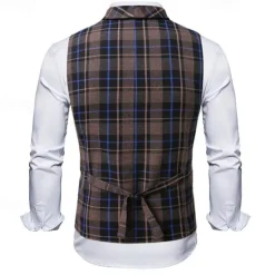 Discount OUKU Men's Vest Waistcoat Gilet Vacation Party Business Fashion Casual Spring & Fall Buttons Pocket Polyester Comfortable Plaid Double Breasted Lapel Regular Fit Light Coffee Black Dark Gray Coffee Vest