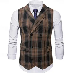 Discount OUKU Men's Vest Waistcoat Gilet Vacation Party Business Fashion Casual Spring & Fall Buttons Pocket Polyester Comfortable Plaid Double Breasted Lapel Regular Fit Light Coffee Black Dark Gray Coffee Vest