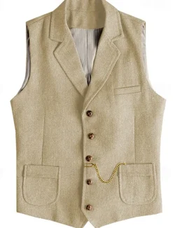 Best OUKU Men's Vest Waistcoat Gilet Vacation Daily Wedding Party Date Fashion Casual Spring Fall Buttons Pocket Polyester Comfortable Plain Single Breasted One-button Lapel Regular Fit Champagne Burgundy Navy