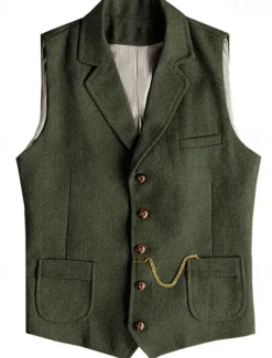 Best OUKU Men's Vest Waistcoat Gilet Vacation Daily Wedding Party Date Fashion Casual Spring Fall Buttons Pocket Polyester Comfortable Plain Single Breasted One-button Lapel Regular Fit Champagne Burgundy Navy