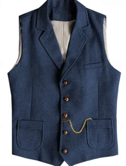 Best OUKU Men's Vest Waistcoat Gilet Vacation Daily Wedding Party Date Fashion Casual Spring Fall Buttons Pocket Polyester Comfortable Plain Single Breasted One-button Lapel Regular Fit Champagne Burgundy Navy