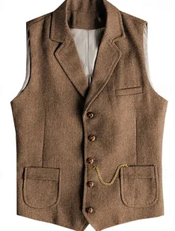 Best OUKU Men's Vest Waistcoat Gilet Vacation Daily Wedding Party Date Fashion Casual Spring Fall Buttons Pocket Polyester Comfortable Plain Single Breasted One-button Lapel Regular Fit Champagne Burgundy Navy