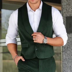 OUKU Men's Vest Waistcoat Gilet Vacation Party Business Fashion Casual Summer Spring Buttons Pocket Polyester Comfortable Plain Single Breasted Lapel Regular Fit Vest Dark Green