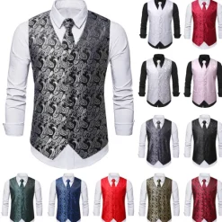 Discount OUKU Men's Vest Waistcoat Gilet Wedding Office & Career Daily Wear Party / Cocktail Business Modern Contemporary Spring Fall Embroidered Pocket Print Button-Down Polyester Soft Outdoor Comfortable Flower