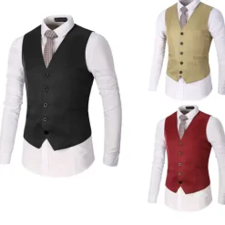 Clearance OUKU Men's Vest Waistcoat Wedding Office & Career Daily Wear Going out Business Traditional / Classic Spring Fall Button Pocket Polyester 95% Cotton Outdoor Comfortable Wedding Pure Color Single Breasted Dark Red