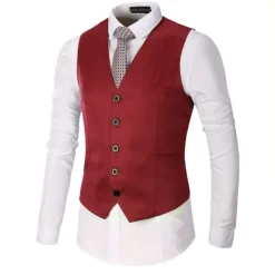 Clearance OUKU Men's Vest Waistcoat Wedding Office & Career Daily Wear Going out Business Traditional / Classic Spring Fall Button Pocket Polyester 95% Cotton Outdoor Comfortable Wedding Pure Color Single Breasted Dark Red