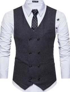 Best OUKU Men's Vest Waistcoat Wedding Business Formal Evening Office Spring Basic Polyester Comfortable Solid Colored Double Breasted V Neck Slim Black Khaki Gray Vest