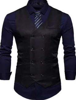 Outlet OUKU Men's Vest Waistcoat Wedding Work Street Business Elegant Business Fall Pocket Polyester Breathable Solid Color Double Breasted V Neck Regular Fit Black White Wine Navy Blue Vest