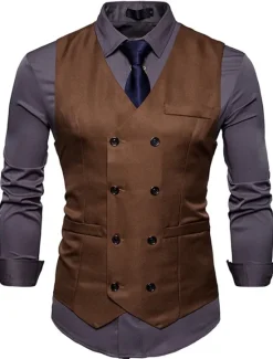 Outlet OUKU Men's Vest Waistcoat Wedding Work Street Business Elegant Business Fall Pocket Polyester Breathable Solid Color Double Breasted V Neck Regular Fit Black White Wine Navy Blue Vest
