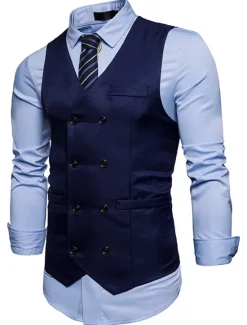 Outlet OUKU Men's Vest Waistcoat Wedding Work Street Business Elegant Business Fall Pocket Polyester Breathable Solid Color Double Breasted V Neck Regular Fit Black White Wine Navy Blue Vest