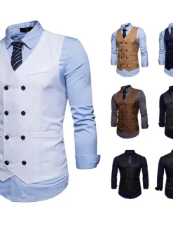 Outlet OUKU Men's Vest Waistcoat Wedding Work Street Business Elegant Business Fall Pocket Polyester Breathable Solid Color Double Breasted V Neck Regular Fit Black White Wine Navy Blue Vest