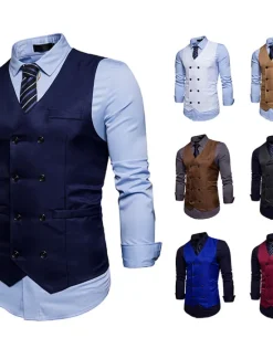 Outlet OUKU Men's Vest Waistcoat Wedding Work Street Business Elegant Business Fall Pocket Polyester Breathable Solid Color Double Breasted V Neck Regular Fit Black White Wine Navy Blue Vest