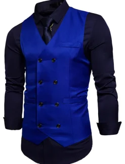 Outlet OUKU Men's Vest Waistcoat Wedding Work Street Business Elegant Business Fall Pocket Polyester Breathable Solid Color Double Breasted V Neck Regular Fit Black White Wine Navy Blue Vest