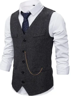 Sale OUKU Men's Vest Waistcoat Wedding Daily Sporty 1920s Fall Pocket Polyester Thermal Warm Solid Color Single Breasted V Neck Regular Fit Black Coffee Gray Vest