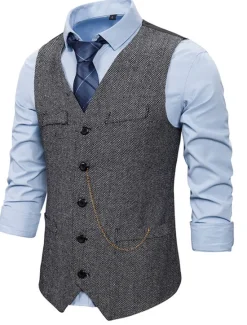 Sale OUKU Men's Vest Waistcoat Wedding Daily Sporty 1920s Fall Pocket Polyester Thermal Warm Solid Color Single Breasted V Neck Regular Fit Black Coffee Gray Vest
