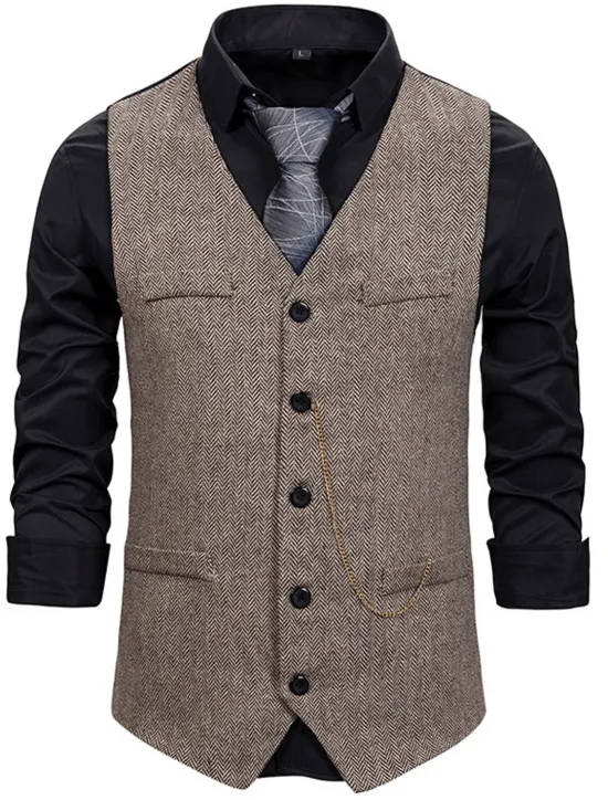 Sale OUKU Men's Vest Waistcoat Wedding Daily Sporty 1920s Fall Pocket Polyester Thermal Warm Solid Color Single Breasted V Neck Regular Fit Black Coffee Gray Vest
