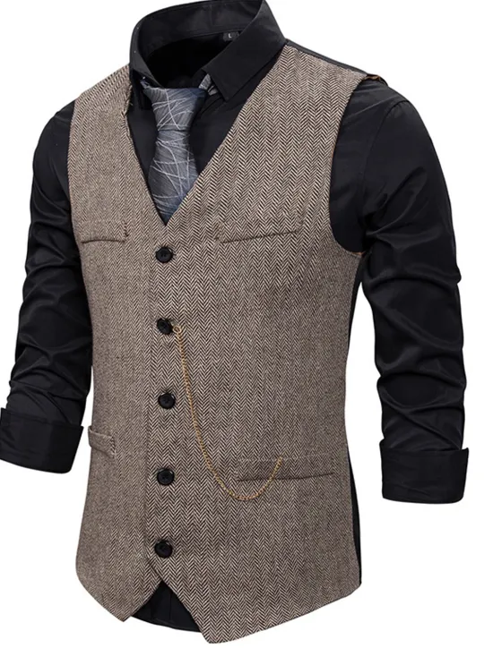 Sale OUKU Men's Vest Waistcoat Wedding Daily Sporty 1920s Fall Pocket Polyester Thermal Warm Solid Color Single Breasted V Neck Regular Fit Black Coffee Gray Vest