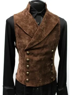 Outlet OUKU Men's Vest Waistcoat Wedding Work Street Business Business 1920s Fall Fur Trim Cotton Breathable Solid Color Double Breasted Turndown Regular Fit Black Wine Navy Blue Brown Vest
