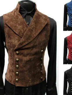 Outlet OUKU Men's Vest Waistcoat Wedding Work Street Business Business 1920s Fall Fur Trim Cotton Breathable Solid Color Double Breasted Turndown Regular Fit Black Wine Navy Blue Brown Vest